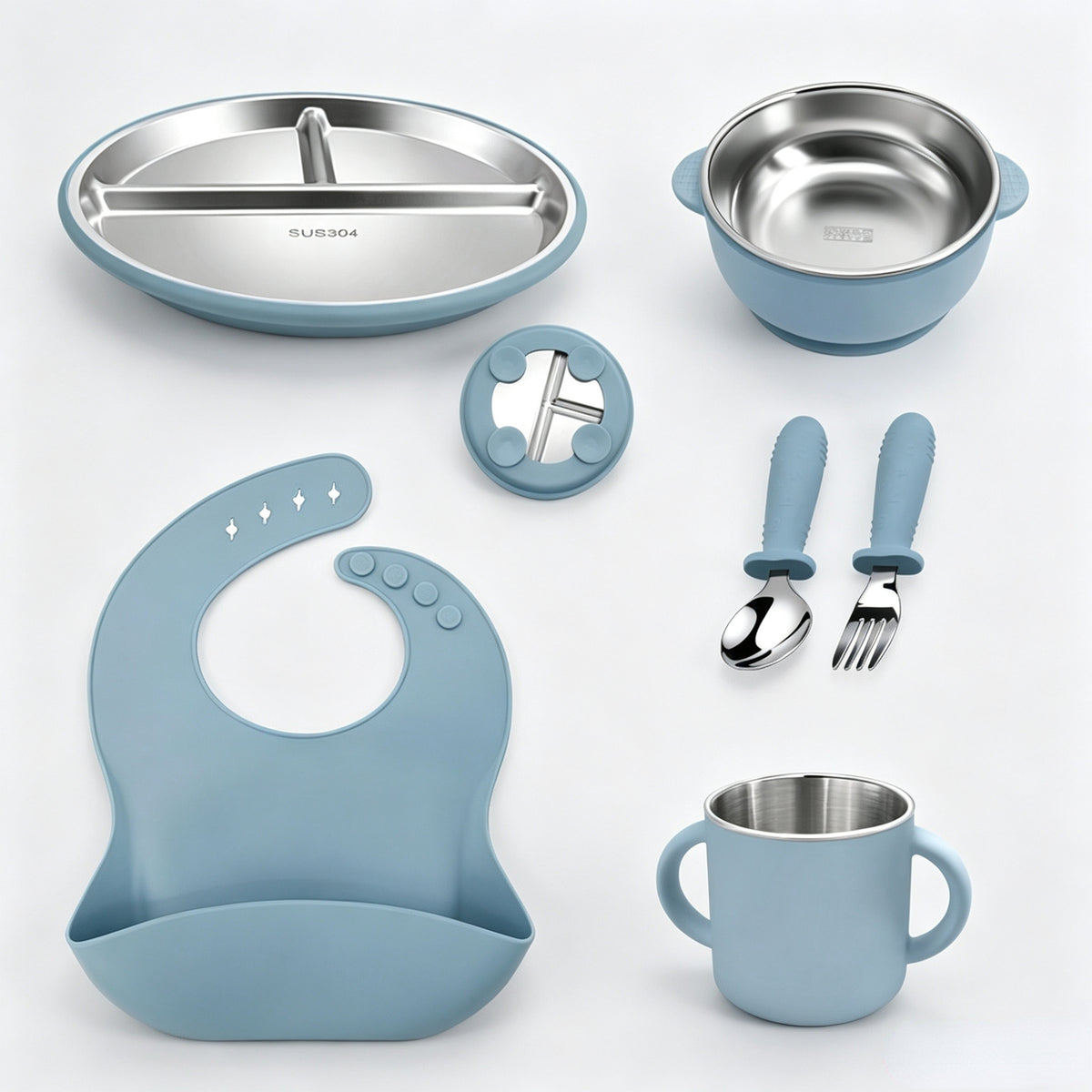 Stainless Steel Kids' Meal Tray & Silicone Sippy Cup Set – Food-Grade, Shatterproof, Easy-Grip Training Cup for Solids & Drinks