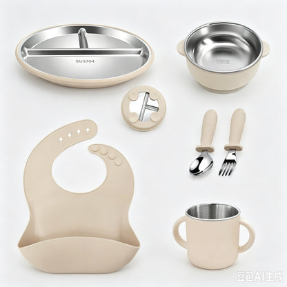 Stainless Steel Kids' Meal Tray & Silicone Sippy Cup Set – Food-Grade, Shatterproof, Easy-Grip Training Cup for Solids & Drinks