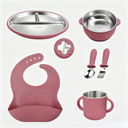 Stainless Steel Kids' Meal Tray & Silicone Sippy Cup Set – Food-Grade, Shatterproof, Easy-Grip Training Cup for Solids & Drinks