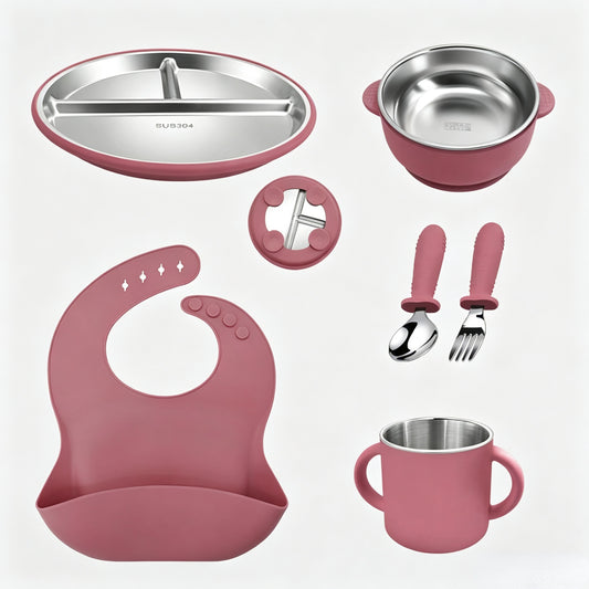 Stainless Steel Kids' Meal Tray & Silicone Sippy Cup Set – Food-Grade, Shatterproof, Easy-Grip Training Cup for Solids & Drinks