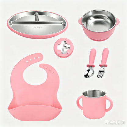 Stainless Steel Kids' Meal Tray & Silicone Sippy Cup Set – Food-Grade, Shatterproof, Easy-Grip Training Cup for Solids & Drinks