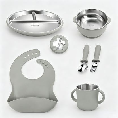 Stainless Steel Kids' Meal Tray & Silicone Sippy Cup Set – Food-Grade, Shatterproof, Easy-Grip Training Cup for Solids & Drinks