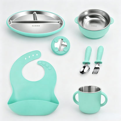 Stainless Steel Kids' Meal Tray & Silicone Sippy Cup Set – Food-Grade, Shatterproof, Easy-Grip Training Cup for Solids & Drinks