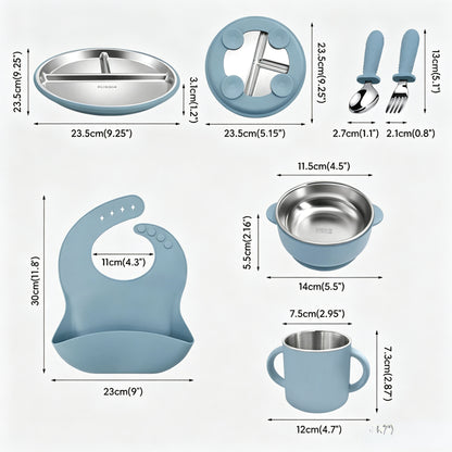 Stainless Steel Kids' Meal Tray & Silicone Sippy Cup Set – Food-Grade, Shatterproof, Easy-Grip Training Cup for Solids & Drinks
