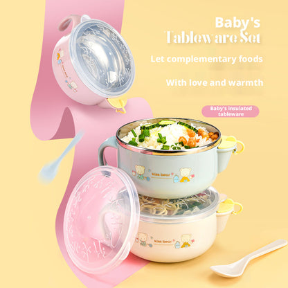 Children's Water Injection Insulated Bowl, Baby Food Bowl, Stainless Steel Kids Bowl with Lid, Shockproof and Heat-resistant