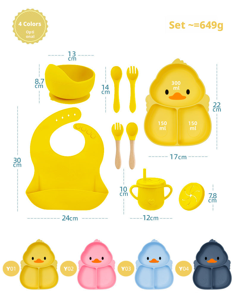 Cartoon Food-Grade Silicone Tableware Set for Babies, Anti-Drop Bowl, Cup and Bib for Infant Complementary Feeding