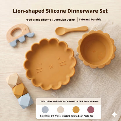 Food Grade Silicone Baby Tableware Set, High Temperature Resistant Dinner Plate, Baby Food Bowl, Cute Lion Cartoon Anti-drop Bowl, Cross-border