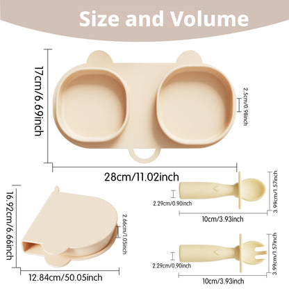 New Arrival Compartmentalized Children's Tableware Set, Baby Silicone Food Bowl, Portable Foldable Fork and Spoon, Animal Cartoon Plate