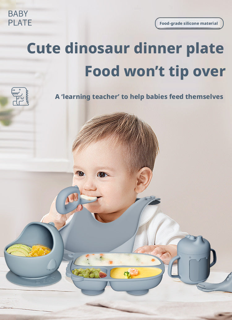 Cross-border Hot-selling Cartoon Dinosaur Silicone Dining Plate Set for Baby Food, Including Plate, Bowl, Fork, Spoon and Bib, Drop-resistant