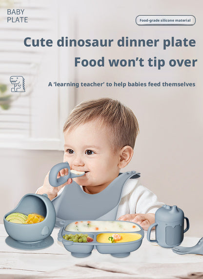Cross-border Hot-selling Cartoon Dinosaur Silicone Dining Plate Set for Baby Food, Including Plate, Bowl, Fork, Spoon and Bib, Drop-resistant