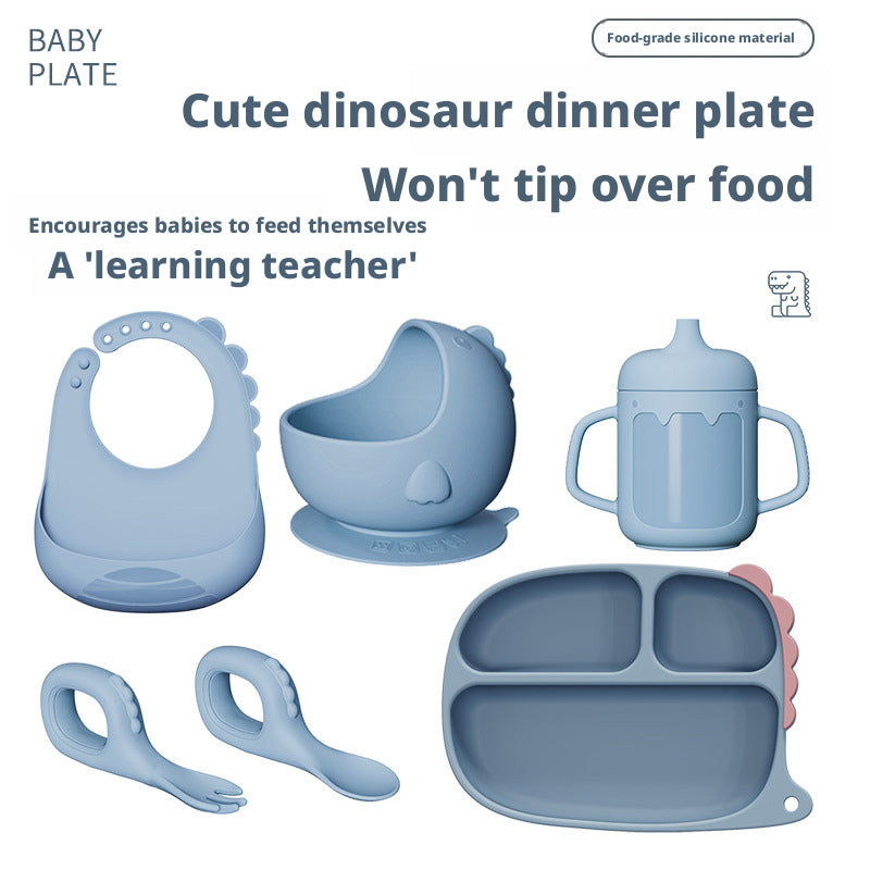 Cross-border Hot-selling Cartoon Dinosaur Silicone Dining Plate Set for Baby Food, Including Plate, Bowl, Fork, Spoon and Bib, Drop-resistant