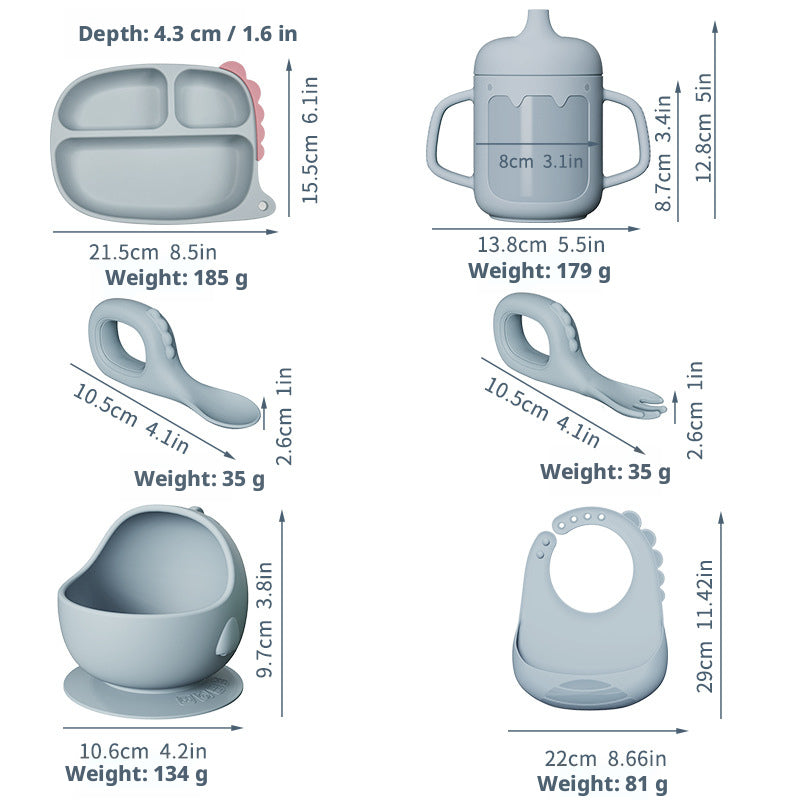 Cross-border Hot-selling Cartoon Dinosaur Silicone Dining Plate Set for Baby Food, Including Plate, Bowl, Fork, Spoon and Bib, Drop-resistant