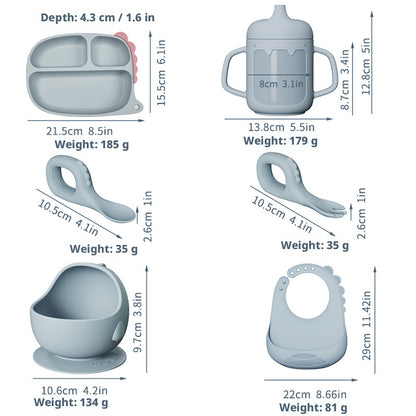 Cross-border Hot-selling Cartoon Dinosaur Silicone Dining Plate Set for Baby Food, Including Plate, Bowl, Fork, Spoon and Bib, Drop-resistant